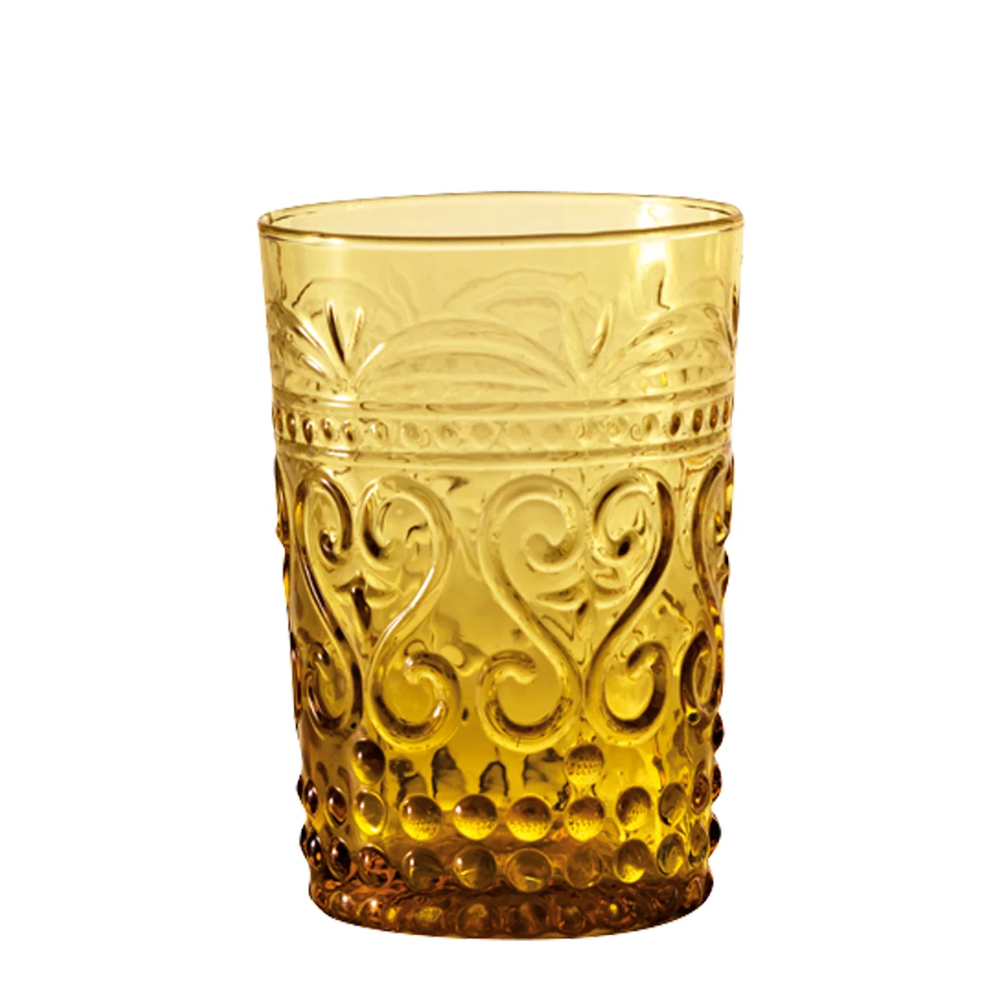 Glazen beker amber met in reliëf decoratiops of floral en dot patterns, slightly copical cilindrische vorm.