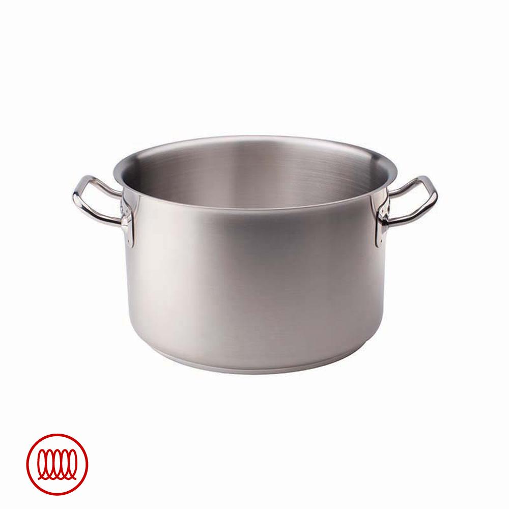 Casserole haute en acier inox satiné avec deux poignées, surface lisse et intérieur identique, fond blanc, icône rouge en bas à