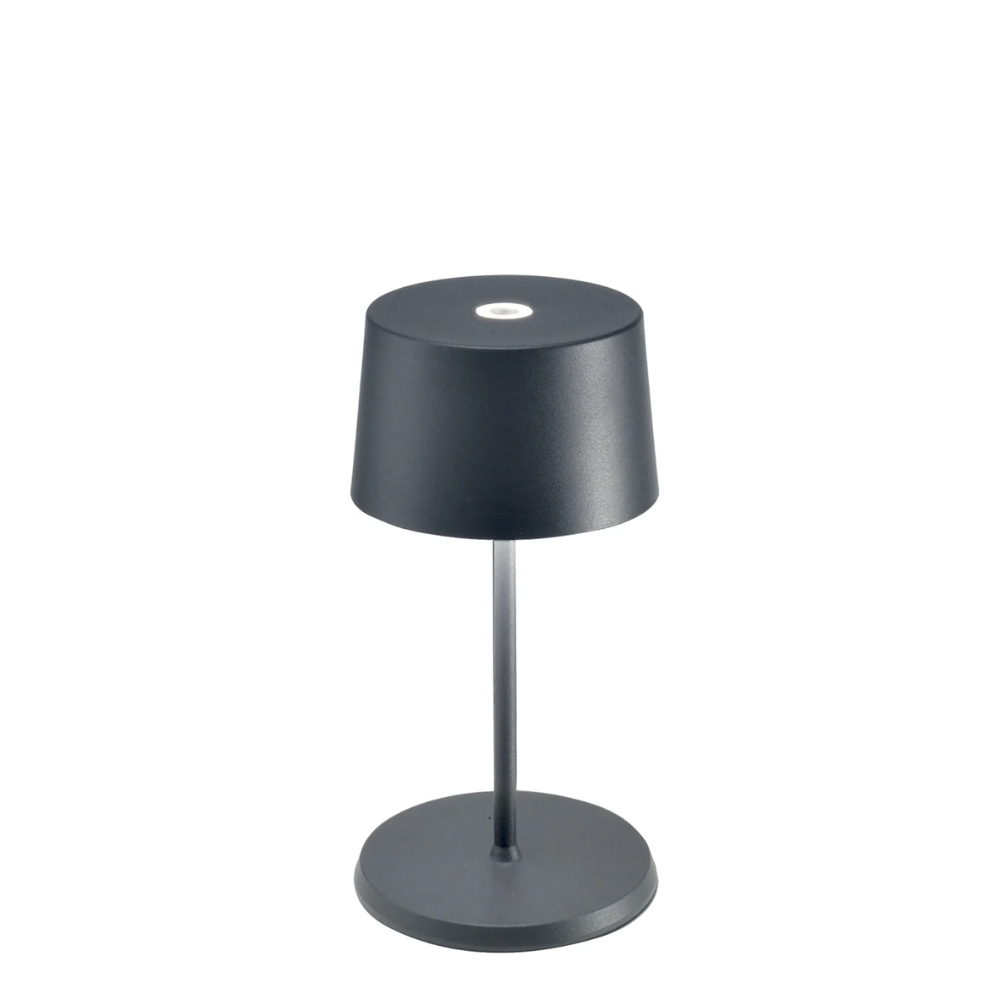Lampe de table grise avec abat-jour cylindrique, structure et base rondes en métal mat, sur fond blanc