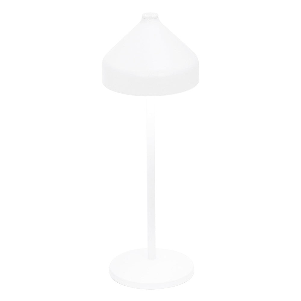 Conical table lamp, completely white, with round base and slim stem, minimalist setting.