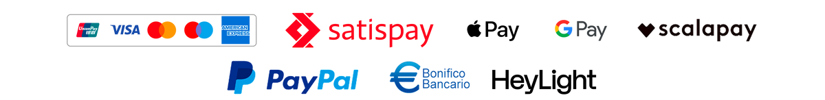 Diverse betaalmethode logo's: Visa, Mastercard, American Express, Satispay, Google Pay, PayPal, Bankoverschrijving, Scalapay.