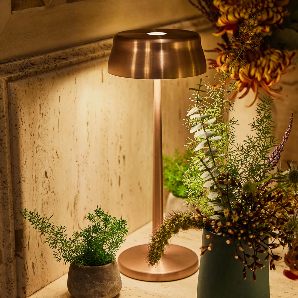 Lampe de table en métal cuivre mat avec abat-jour rond, plantes vertes en pot sur étagère en marbre beige avec décoration murale en pierre