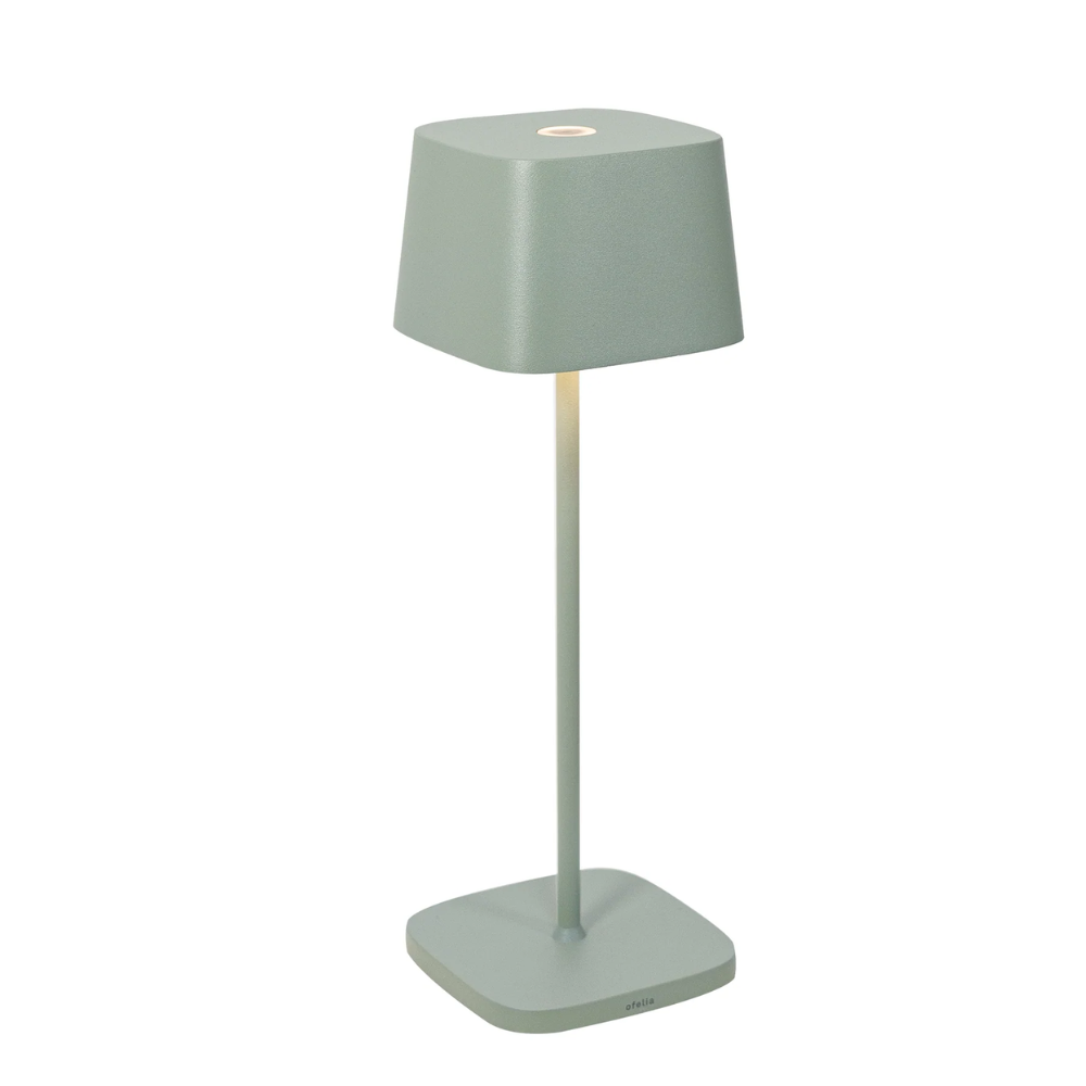 Matte salbeigrüne Tischlampe mit abgerundetem Würfelschirm und quadratischer Basis, modernes minimalistisches Design