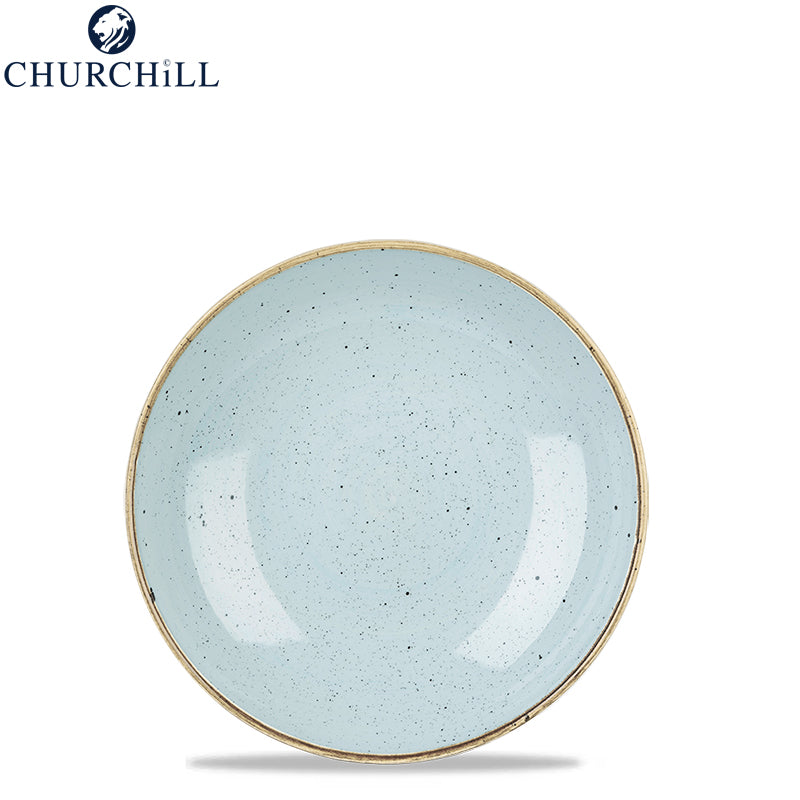 Piatto rotondo celeste con bordi beige e finitura maculata, superficie lucida, sfondo bianco, logo Churchill