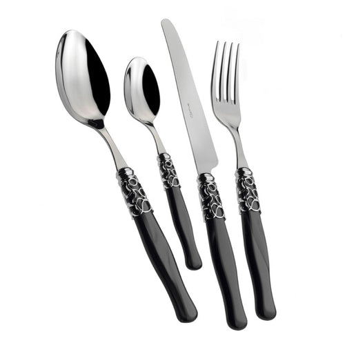 Set de couverts composé de cuillère, cuillère à café, couteau et fourchette avec manche noir et décor argent sur
