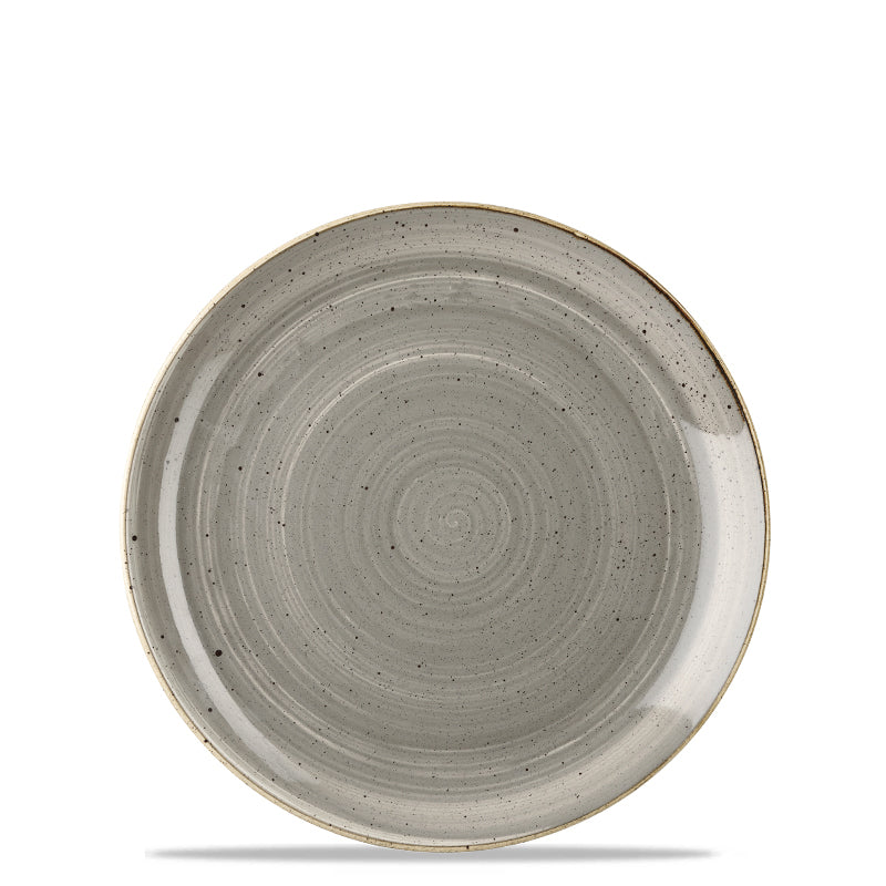 piatto rotondo grigio con decorazione a cerchi concentrici e bordo sottile beige, materiale ceramica smaltata