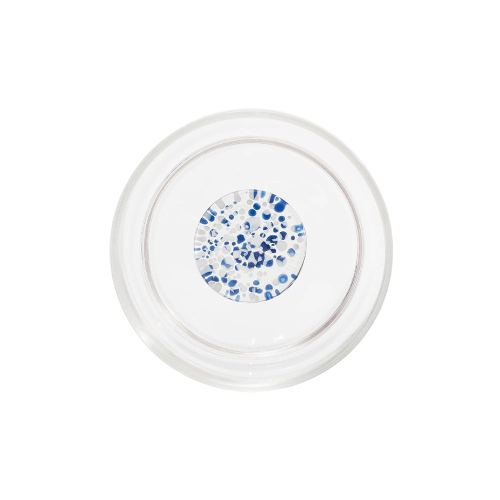 piatto rotondo trasparente con cerchio centrale decorativo bianco a pois blu e grigi su sfondo bianco, vetro o ceramica