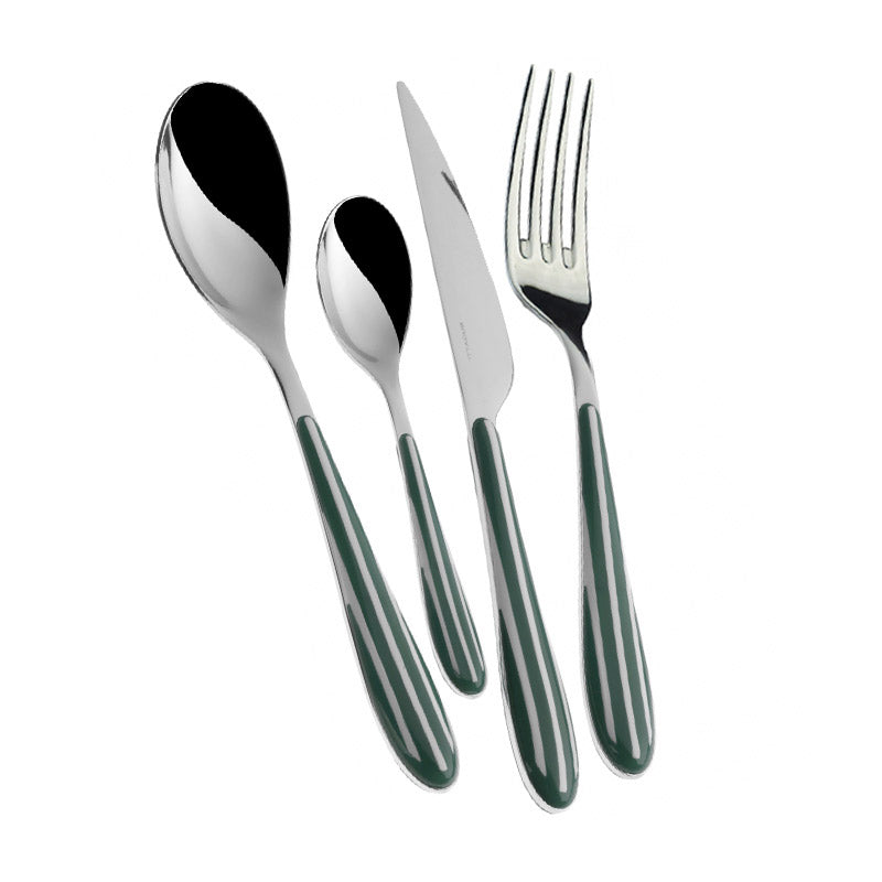 set di posate con manico verde a strisce bianche composto da cucchiaio, cucchiaino, coltello e forchetta su