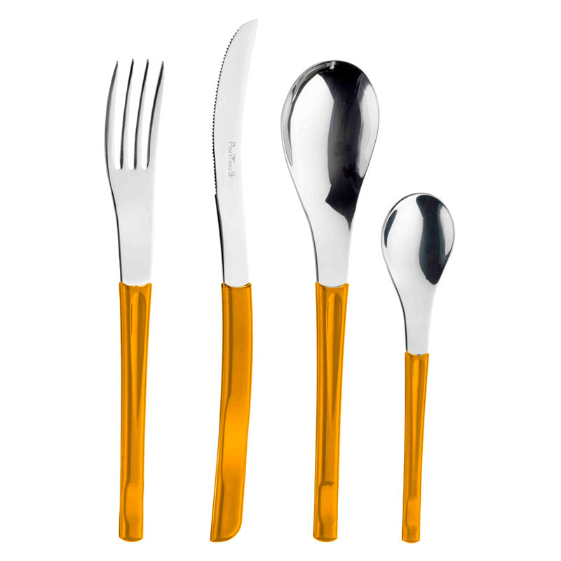 Set de cubiertos compuesto por tenedor, cuchillo, cuchara y cucharilla con mango naranja y hojas y cabezas de
