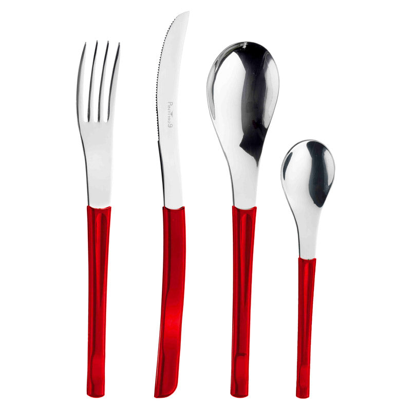 Cubiertos con mango rojo brillante y parte superior de acero, compuestos por tenedor, cuchillo y dos cucharas
