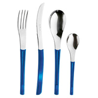 Set de cubiertos compuesto por tenedor, cuchillo, cuchara y cucharilla con mangos azules brillantes, hojas y cucharas de