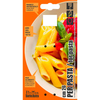 Orange Verpackung mit Bild von Penne-Pasta-Teller, beschreibendem Text und Pinti Inox Serie Astra-Logo