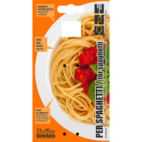 Oranje verpakking met afbeelding van spaghetti en tomaat, tekst perspaghetti per spaghetti, roestvrij staal