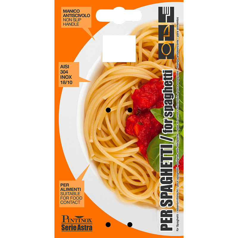 Oranje verpakking met afbeelding van spaghetti en tomaat, tekst perspaghetti per spaghetti, roestvrij staal