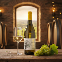 Botella de vino blanco Belcolle Moscato con copa de vino y racimo de uva verde sobre mesa de madera, bodega con barriles al fondo.