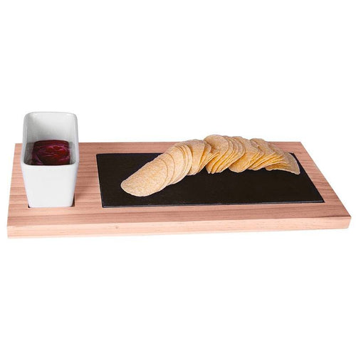 35X17 Cm Paderno Tableware Buffet And Display Plateau en bois avec bols en céramique et surface en ardoise