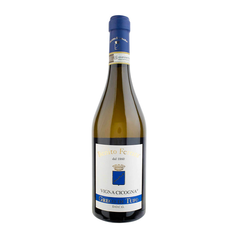 White wine bottle with white and light blue label with Benito Ferrara, Vigna Cicogna, Greco di Tufo lettering on white background