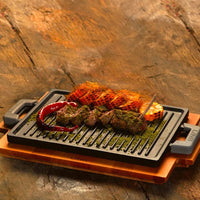 22X30 Cm Paderno Plancha grill rectangular de hierro fundido esmaltado con soporte madera