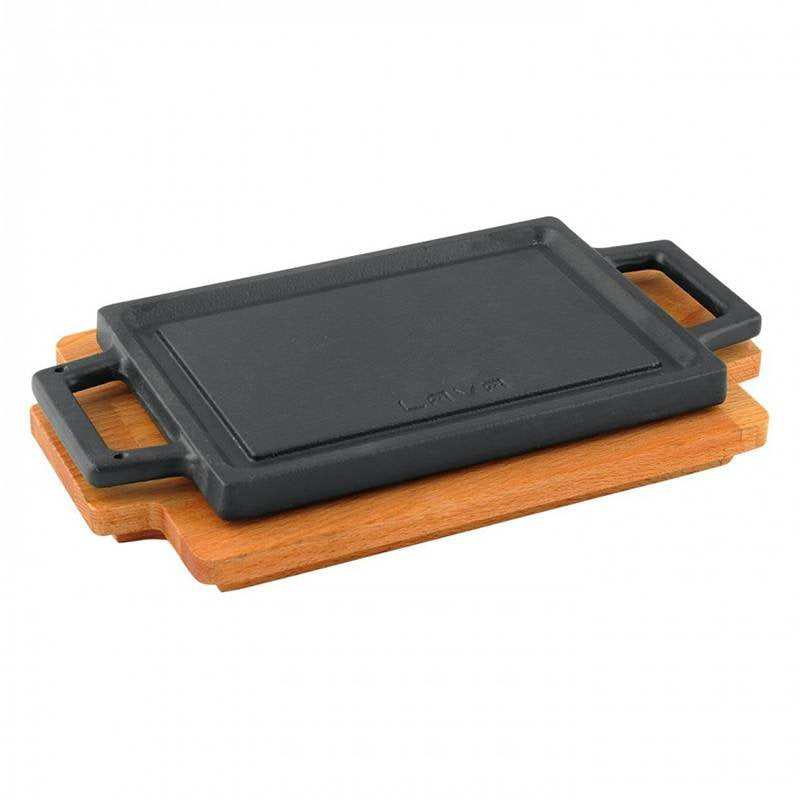 22X30 Cm Paderno Plancha grill rectangular de hierro fundido esmaltado con soporte madera