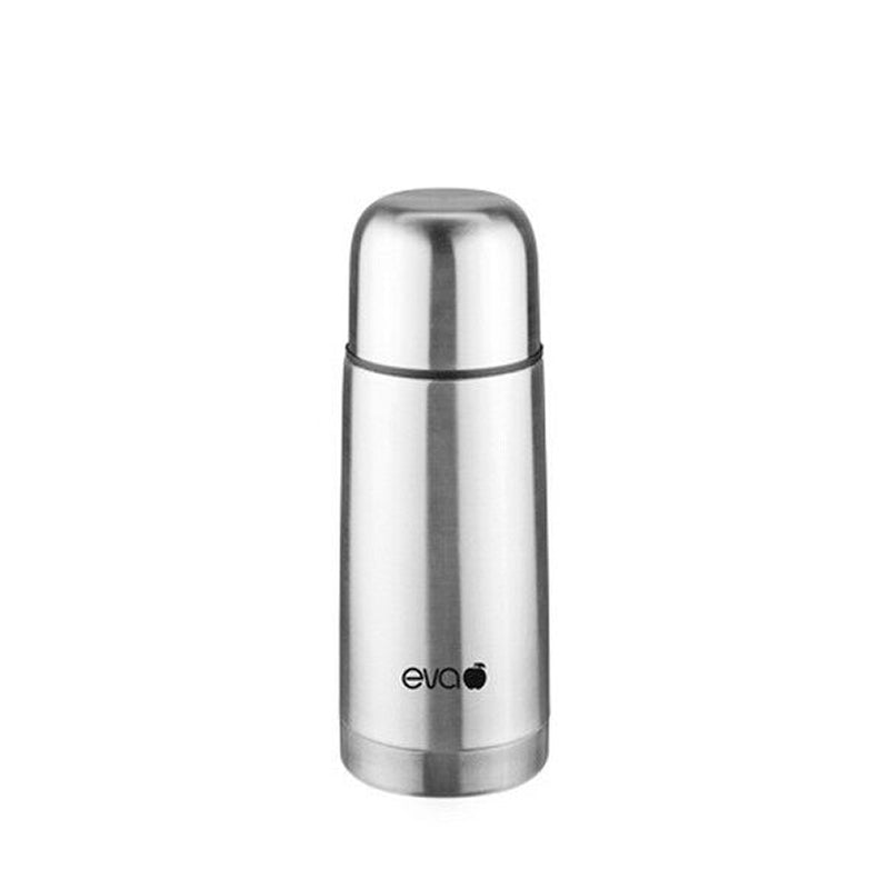 Bottiglia termica in acciaio inox, finitura lucida, forma cilindrica, logo "eva" visibile alla base.