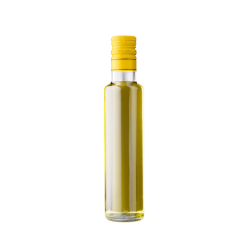 Bottiglia di vetro trasparente con tappo giallo contenente liquido giallo, sfondo bianco.