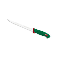 coltello da cucina con lama lunga sottile in metallo e manico ergonomico verde con dettagli rossi in plastica