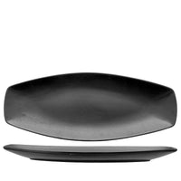 Matte black elongated tray or plate with slightly raised edges, seen from above and in profile, on white background.