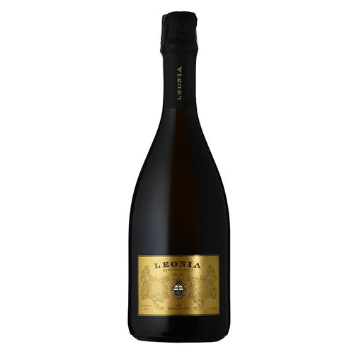 Metodo Classico Leonia sparkling wine bottle with golden label, crown and black lettering, white background
