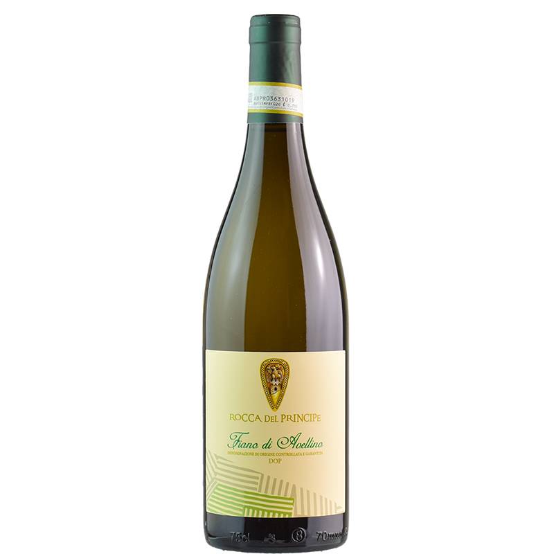 Rocca del Principe, Fiano di Avellino white wine bottle, light label with green and gold details, neutral background.