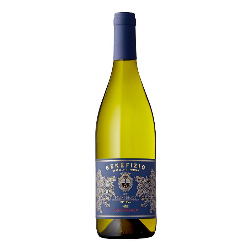 Weißweinflasche mit blau-goldenem Etikett, schlanke Form, hellgelbe Farbe. Name: Benefizio, Jahrgang 2022.