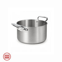 Round stainless steel pot with brushed surface and two glossy metal handles, on white background.