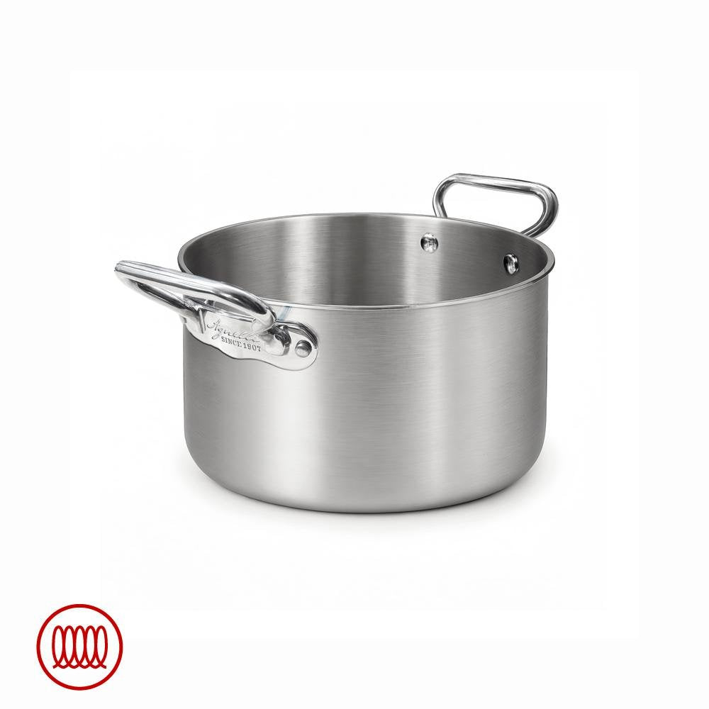 Cylindrical stainless steel pot with two side handles, satin finish, on white background.