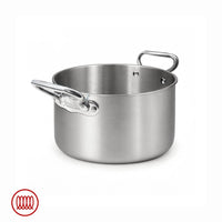 Stainless steel pot with glossy and satin carrying double handle, with engraving "Agnelli SINCE 1907", white background