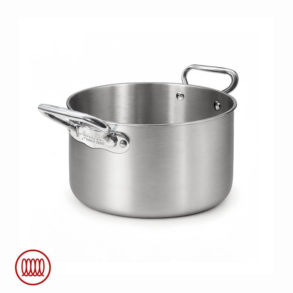 Brushed round stainless steel pot with two glossy metal handles, on neutral white background.