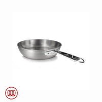 Round stainless steel frying pan with shiny handle, satin surface, thick bottom and engraved logo on handle, neutral white background