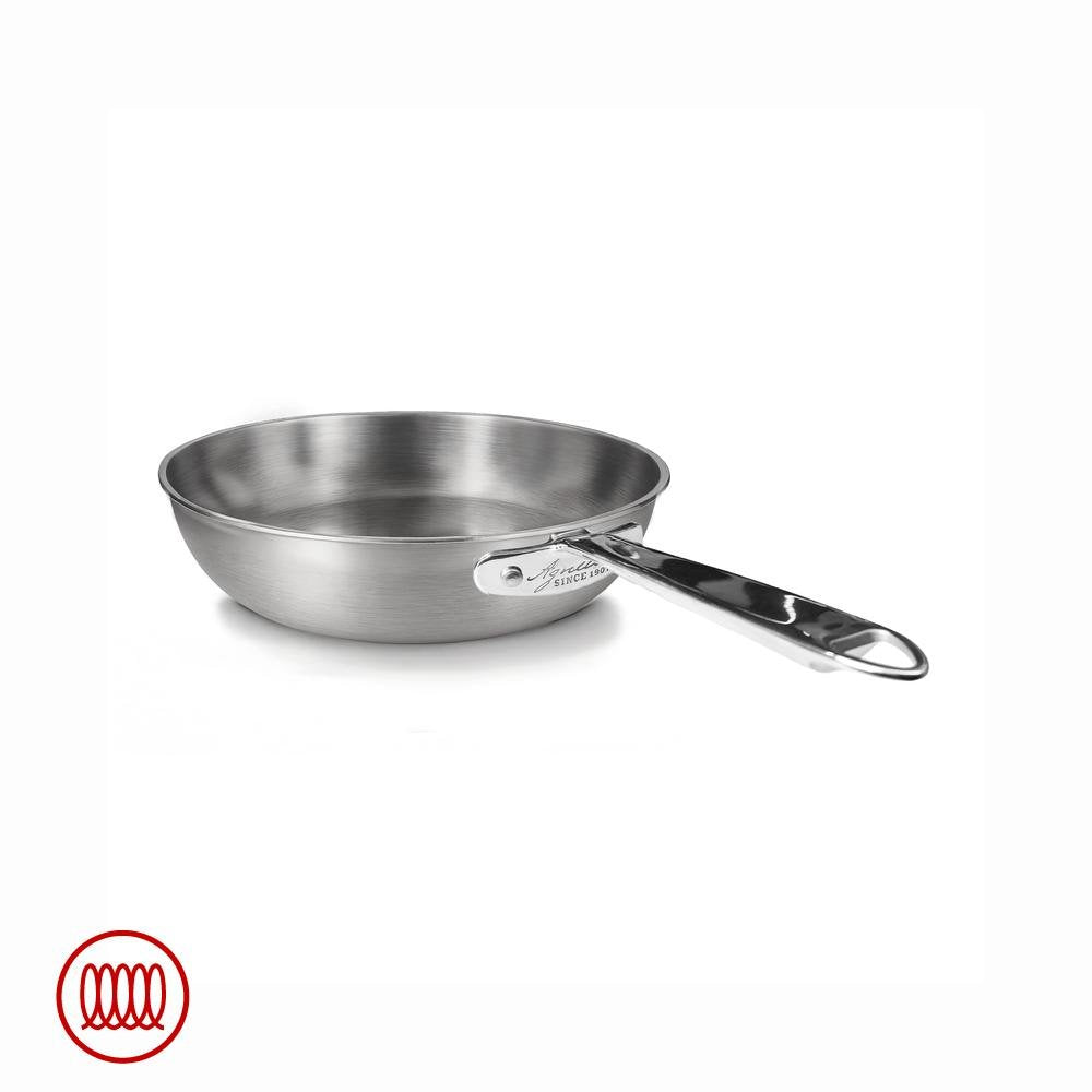 Round stainless steel frying pan with long shiny handle and brushed interior surface on white background.
