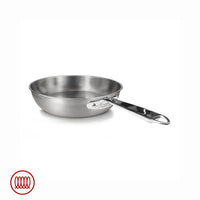 Round stainless steel frying pan with long shiny handle and brushed interior surface on white background.
