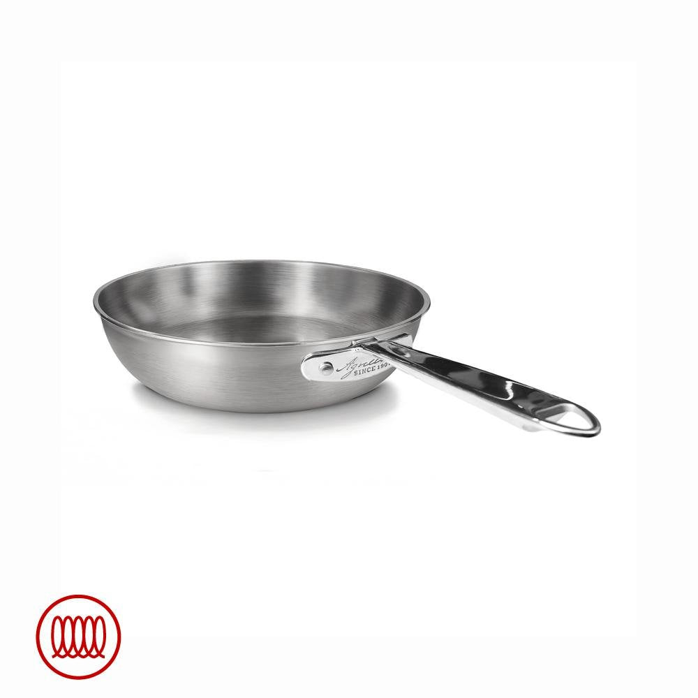 Round stainless steel frying pan with long shiny handle, satin interior surface, on white background.