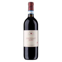 Bottiglia di vino rosso Montefalco Rosso, forma cilindrica, etichetta chiara con dettagli rossi e blu, ambientazione neutra.