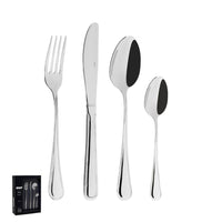 Set of stainless steel cutlery with one knife, one fork, one tablespoon and one teaspoon; black packaging visible on the left.