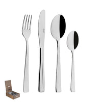 Set di posate in acciaio inox lucido composto da un coltello, una forchetta, un cucchiaio grande e uno piccolo, con una scatola di legno.