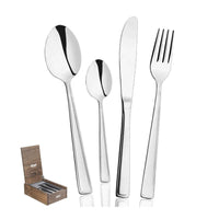 Set di posate in acciaio inox, composto da cucchiaio grande, cucchiaio piccolo, coltello e forchetta, con scatola in legno chiaro.