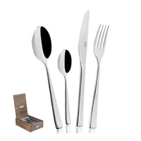 Set di posate in acciaio inox lucido, composto da cucchiaio, cucchiaino, forchetta e coltello, presentato in una scatola di legno.