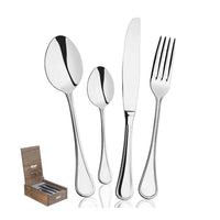 Set di posate in acciaio inox lucido, composto da cucchiaio, cucchiaino, coltello e forchetta, con un elegante box in legno.