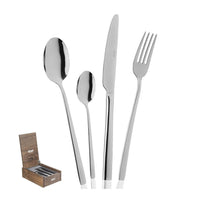 Set di posate in acciaio inox lucido composto da un cucchiaio, un cucchiaino, una forchetta e un coltello, accanto a una scatola di legno.