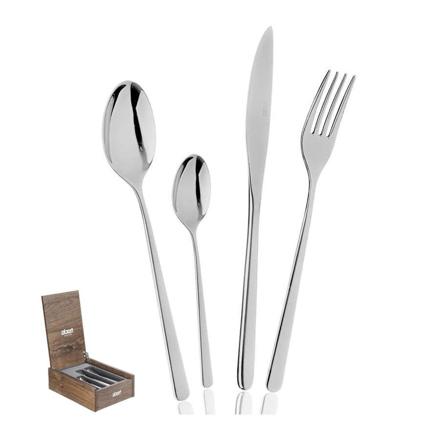 Set di posate in acciaio inox, composto da un cucchiaio grande, un cucchiaio piccolo, una forchetta e un coltello, con astuccio in legno.