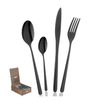 Set di posate in acciaio lucido nero, composto da un cucchiaio grande, un cucchiaio piccolo, una forchetta e un coltello, presentati in una scatola