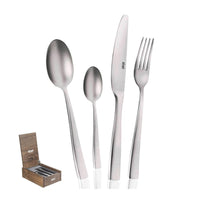 Set di posate in acciaio inox, composto da un cucchiaio grande, un cucchiaino, una forchetta e un coltello, con scatola in legno.