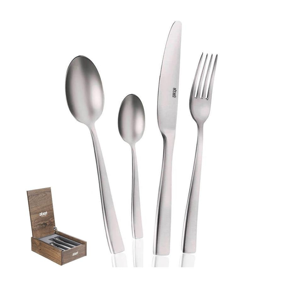 Set di posate in acciaio inox, composto da un cucchiaio grande, un cucchiaino, una forchetta e un coltello, con scatola in legno.