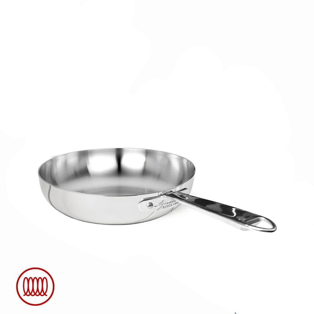 Round stainless steel frying pan with single handle and hanging hole, smooth shiny surface, neutral white background